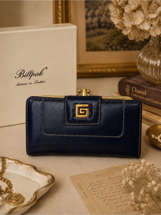 Handbags - Vintage Sleek Navy Leather Wallet with Gold Clasp
